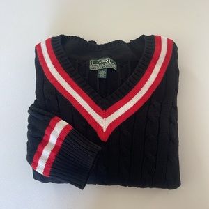 Lauren Ralph Lauren V Neck Cable Knit Cricket Sweater Pull Over Black Size L